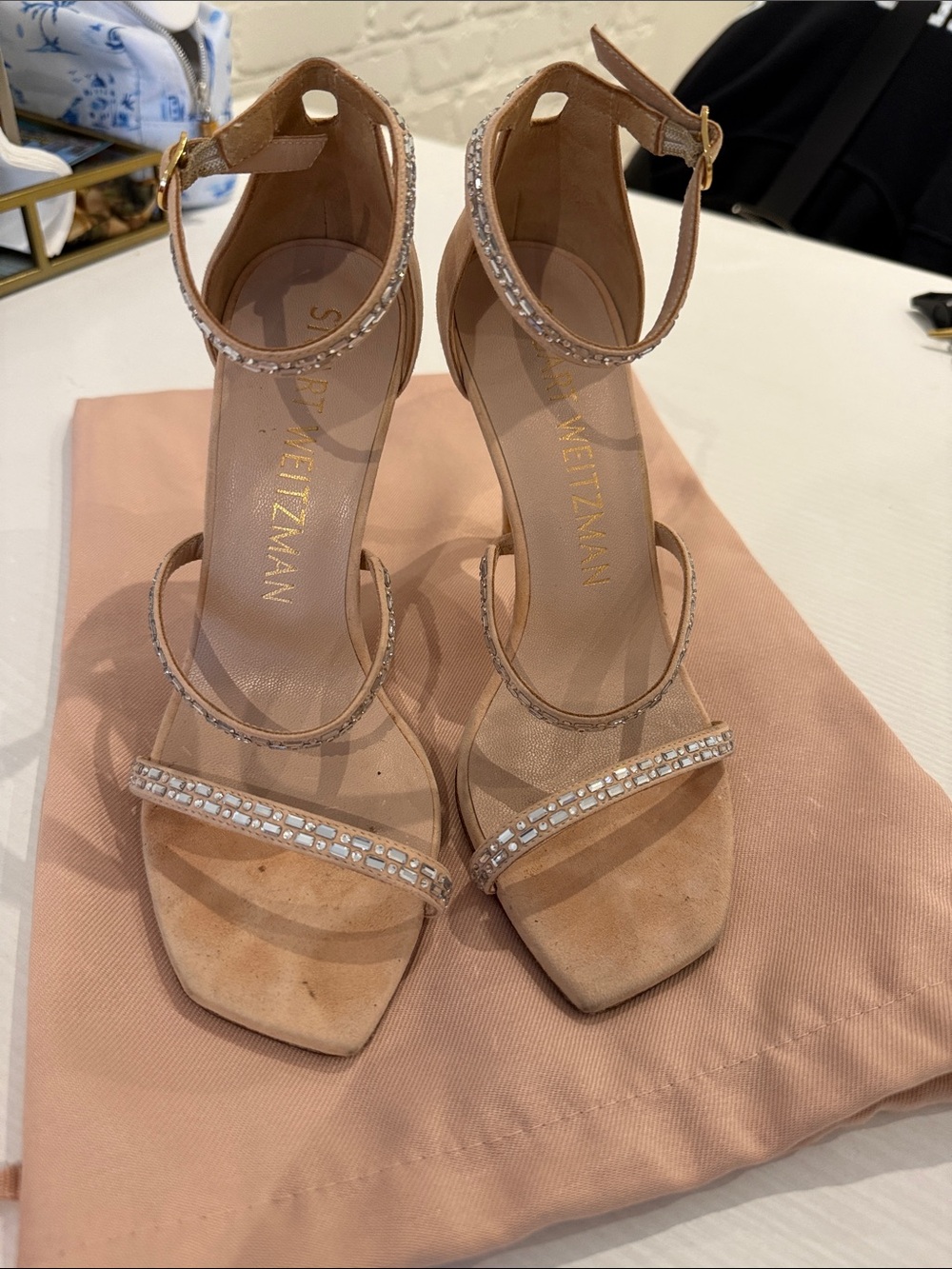 Stuart Weitzman Suede Rhinestone Embellished Sandals